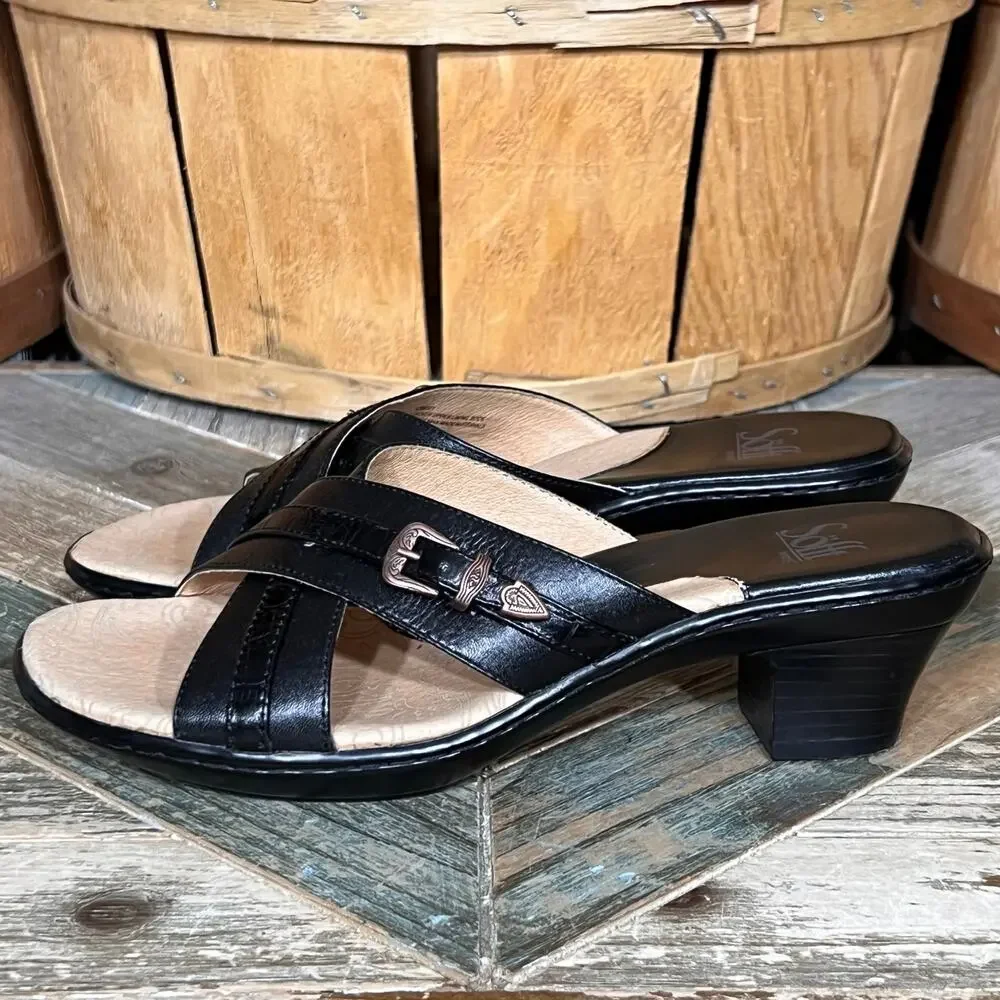 Sofft Black Leather Charm Criss Cross Slide Demi-Heel Sandals Womens Size 6